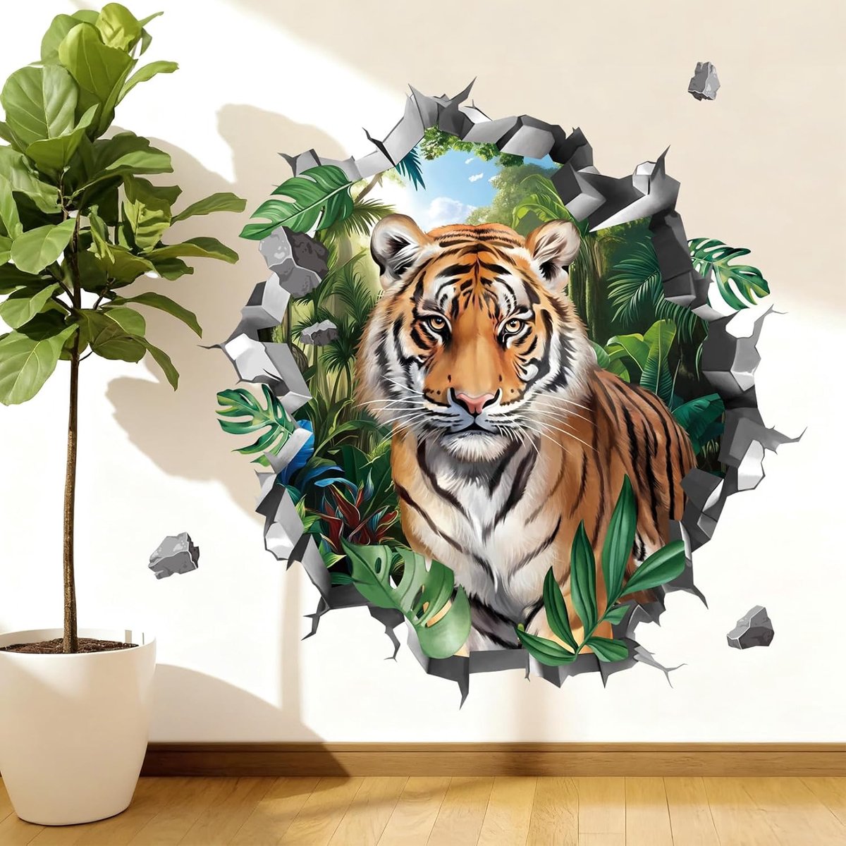SnelShoppen - 3D Safari Tijger Muurstickers - Jungle Dieren Peel en Stick Muurdecoratie voor Kinderkamer en Speelkamer - Veilig, Niet Giftig, Verwijde