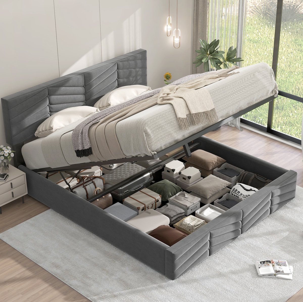 WUVRIE Gestoffeerd tweepersoonsbed 140 x 200 cm met hydraulische opbergruimte en verstelbaar hoofdbord, grijs
