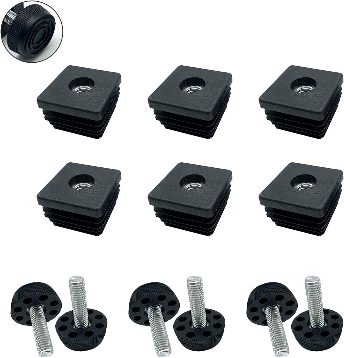 SnelShoppen - 6 Stuks M8 Vierkante Buizen, Plastic Vierkante Stops, 30 x 30 mm met Verstelbare Meubelpoten, Schroefpoten voor Stabiele Ondersteuning
