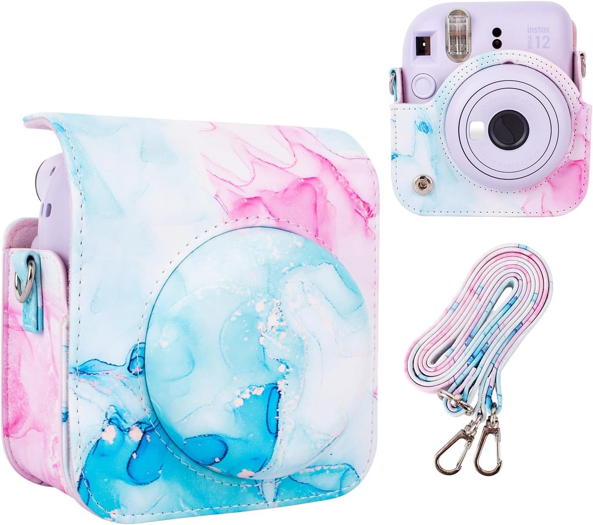 SnelShoppen - Beschermende Camera Tas voor Instant Camera, PU Leren Tas voor Fuji Mini 12, Kleurige Fototas met Verstelbare Schouderband - Fantasy Blu