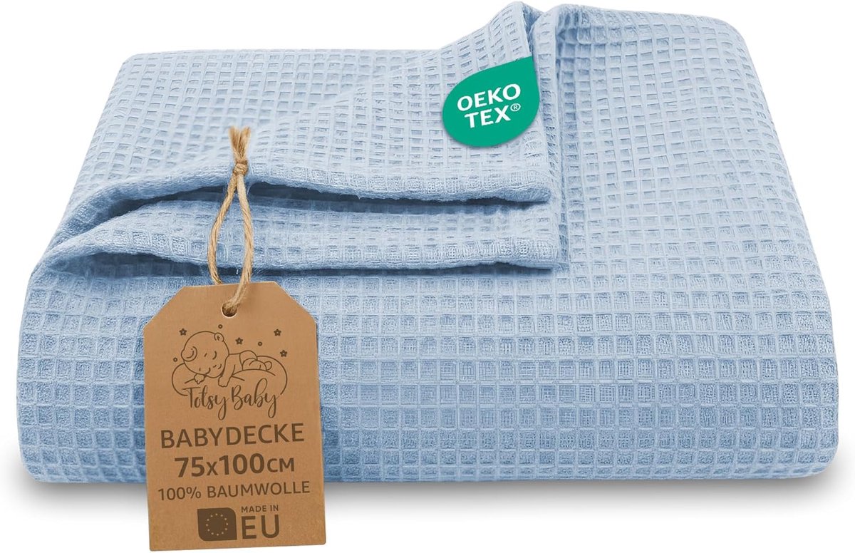 SnelShoppen - Wafeldeken Baby 75x100 cm - Ademend Katoen Wafelpiqué - Tussenseizoen Wiegdeken Kinderwagen - Zacht Hemelsblauw voor Meisje en Jongen -