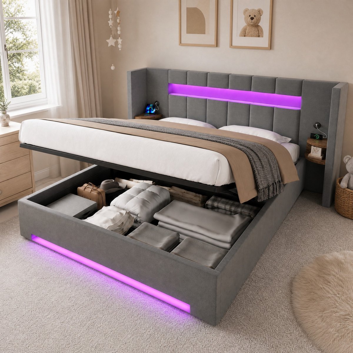 WUVRIE Fluwelen bedframe 160x200 cm met LED, 2 USB-poorten, hydraulische opbergruimte en zijopbergkasten, donkergrijs