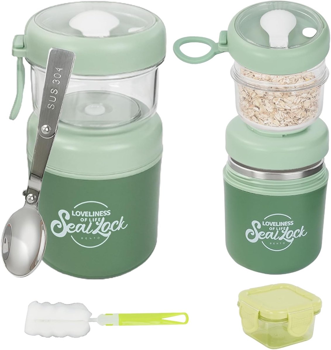SnelShoppen - RVS Ontbijtbowl Set voor Cereal en Yoghurt, 530 ml + 330 ml, Inclusief Vouwlepel, Sauzenbakje, Schoonmaakborstel - Ideaal voor Werk, Sch
