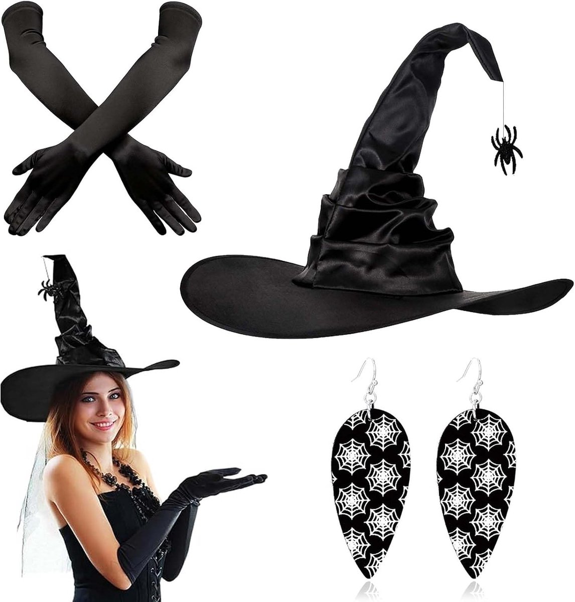 Heksenhoed voor dames, Halloween, carnaval, heksenhoed voor volwassenen, heksenhoed met spinnenhanger, stretchhandschoenen, Halloween-oorbellen, heksenaccessoires