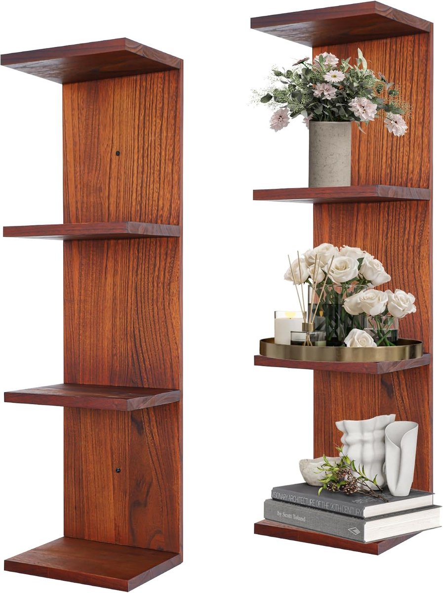 Wandrek met 4 verdiepingen, verticale zuilen-zwevende planken voor opslag en wooncultuur, walnootlak-wandplank voor slaapkamer, woonkamer en kantoordecoratie (2 stuks)
