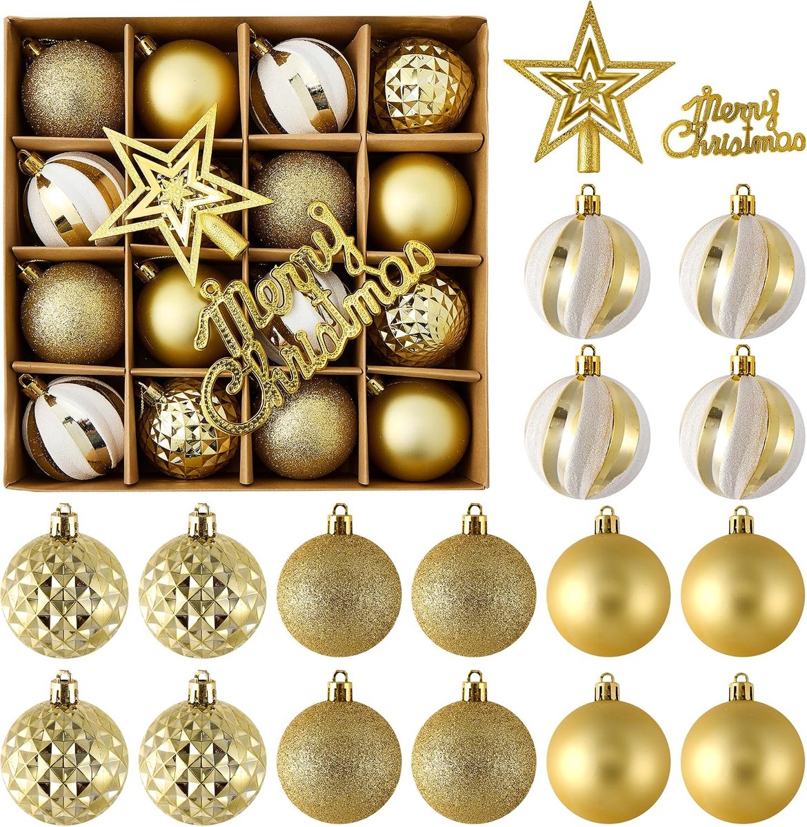 Kerstboomdecoratieballenset, 18 stuks, 6 cm, kerstdecoratie, plastic decoraties, kerstdecoratieset voor Kerstmis, bruiloft, feest, decoratie, wit goud