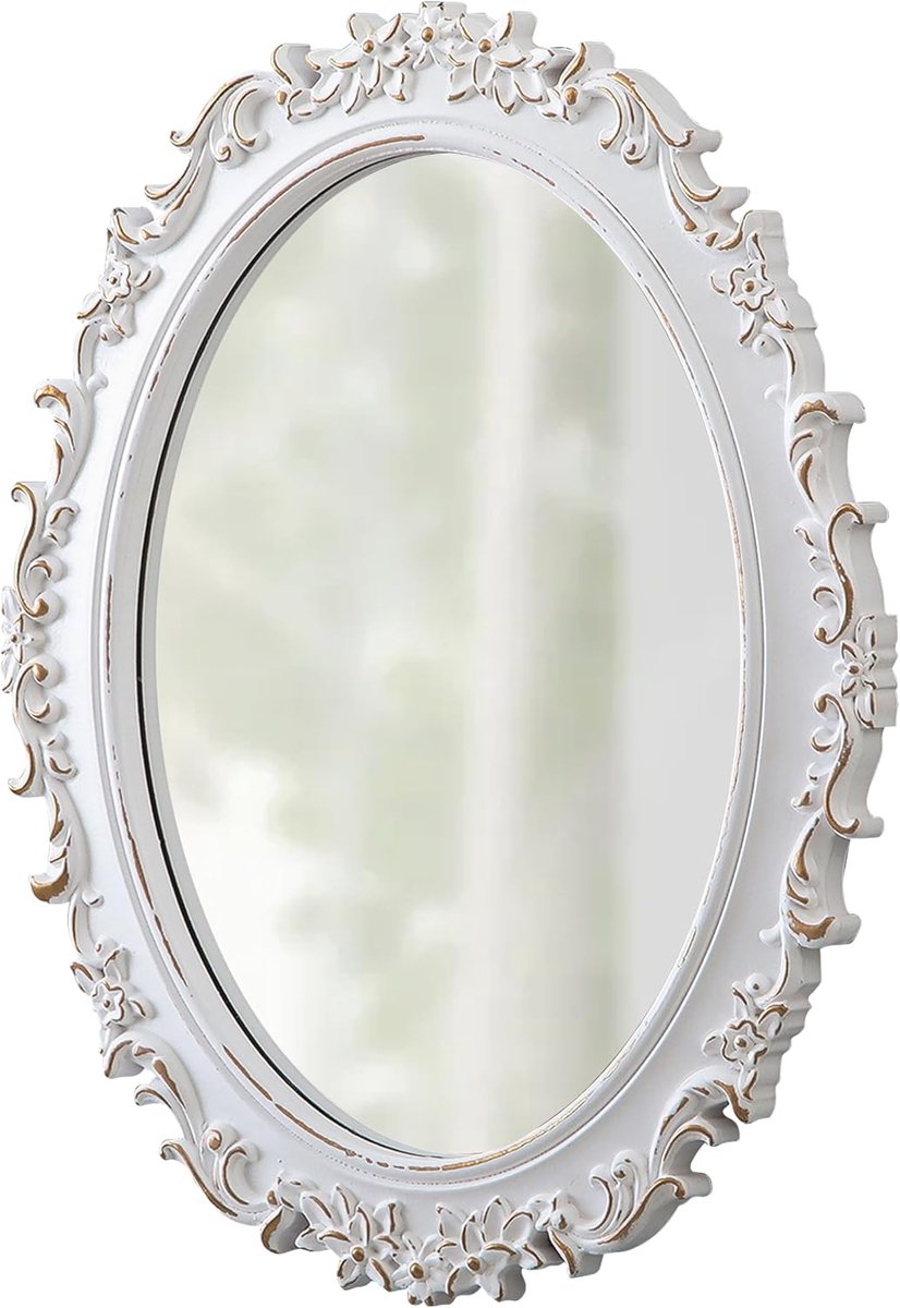 Spiegel, ovaal, houten frame, 54 x 51 cm, barok decoratieve wandspiegel, wit, rustieke hangspiegel voor wanddecoratie, horizontaal of verticaal