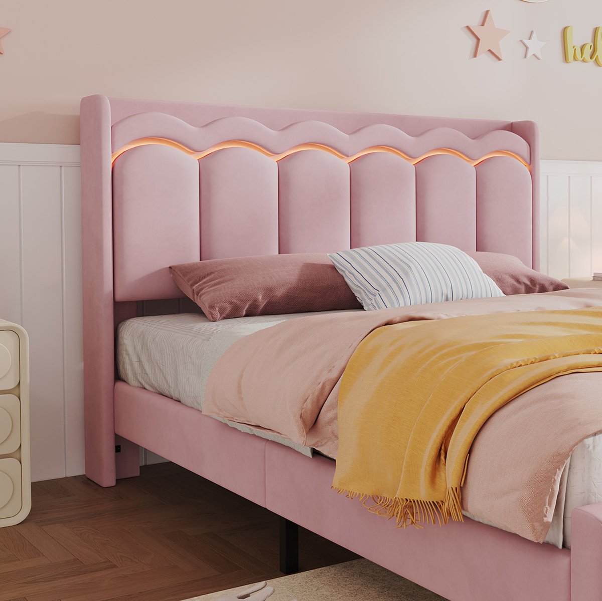 MODENUIT Kinderbed – 140 x 200 cm – 2 Lades en Appgestuurde Ledverlichting – Fluweel – Roze – Hoofdbordplank