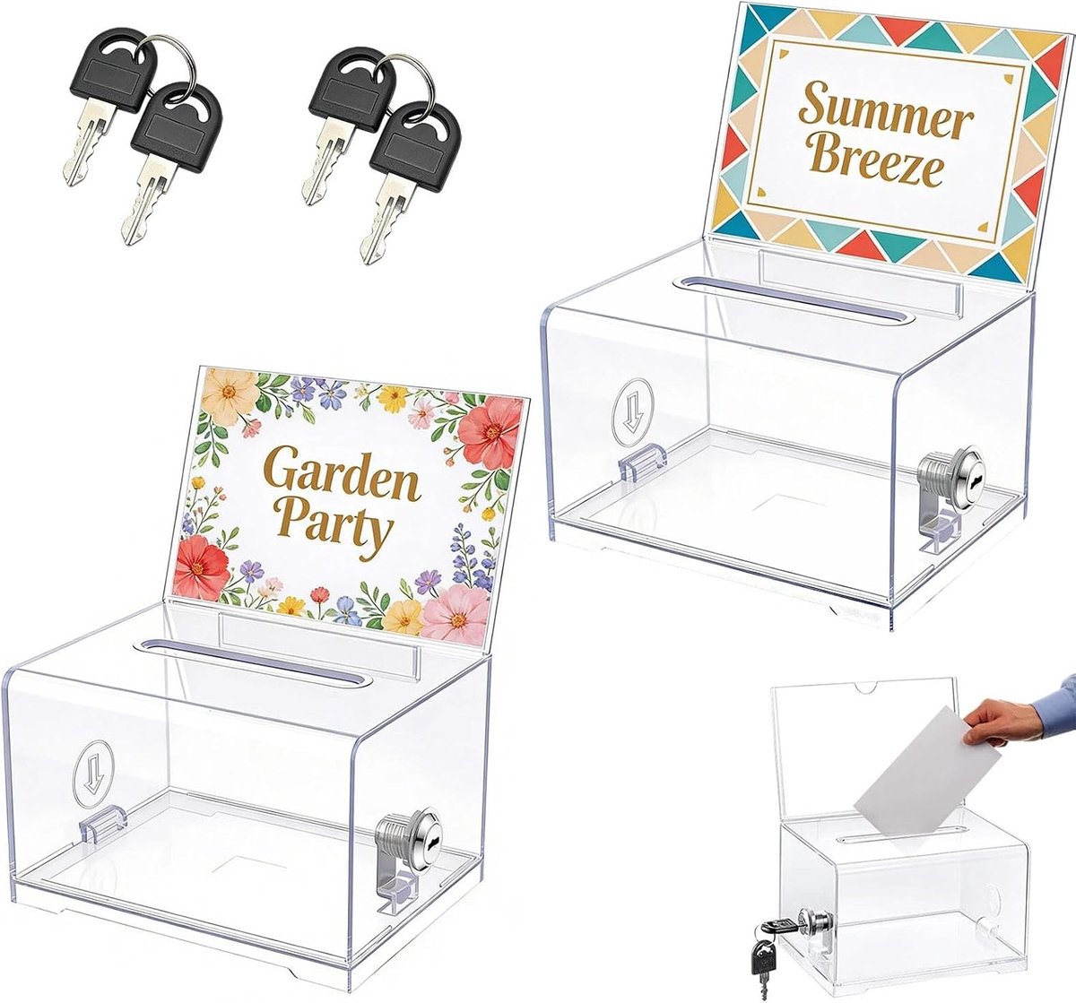 2 stuks acryl donatiebox, afsluitbaar, heldere stembriefjesbox, met slot en sleutel, met stickers, voor stemmingen, winnspellen, wedstrijden, visitekaartjes
