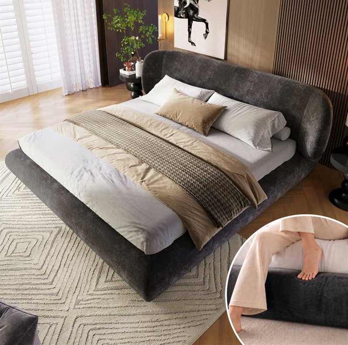 MODENUIT Gestoffeerd Tweepersoonsbed – 180 x 200 Cm – Chenille, Hout en Metaal – Grijs – Met Hoofdbord en Lattenbodem