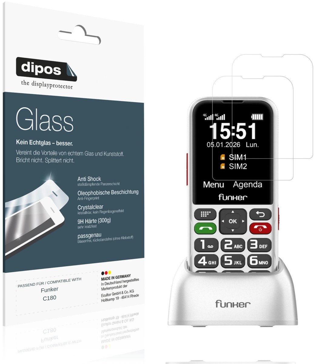 dipos – 2x Pantserfolie geschikt voor Funker C180 | 9H Screenprotector