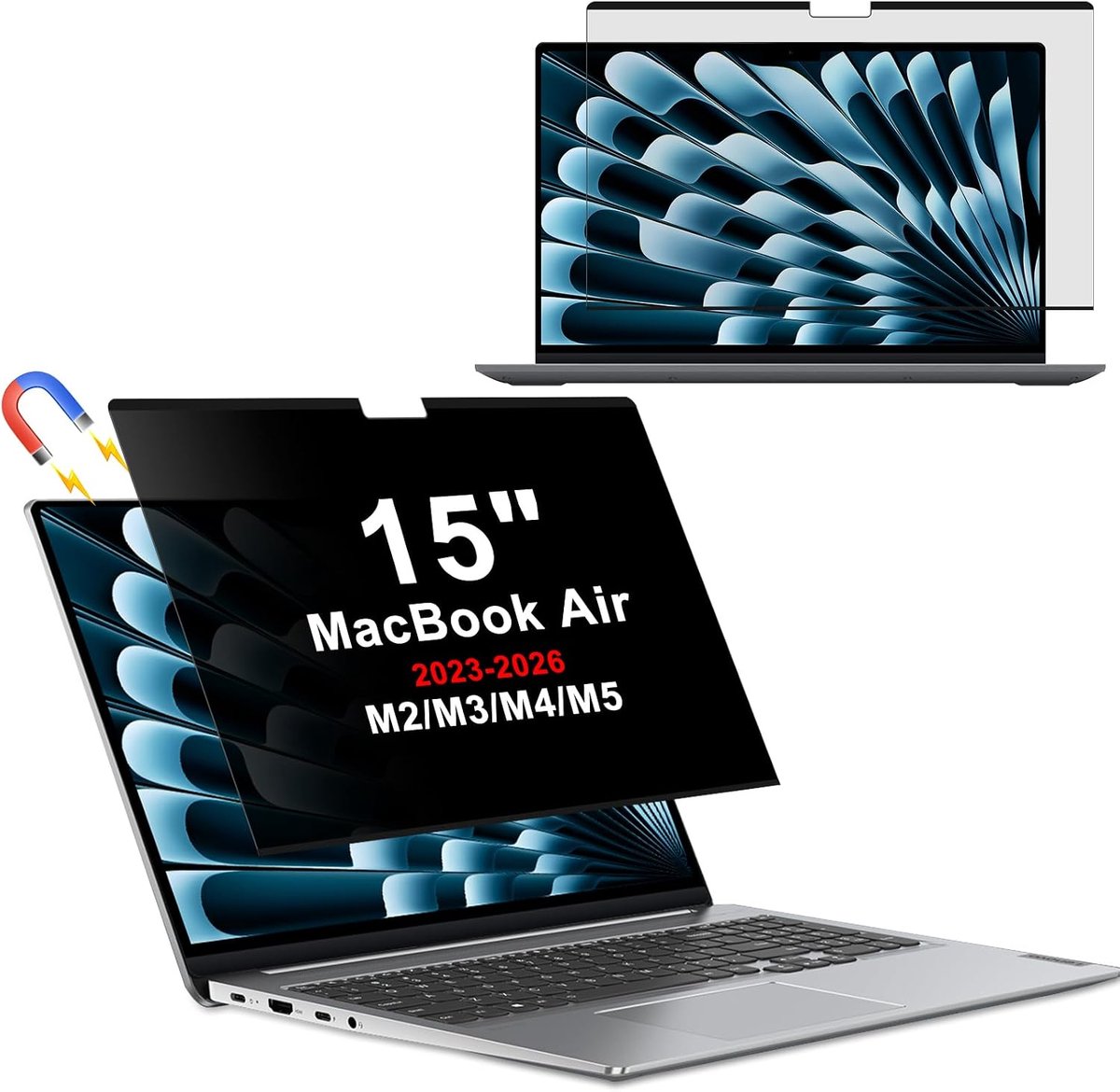 Privacyscherm voor laptop voor MacBook Air 15 inch 2026 2025 2024 2023 (M5/M4/M3/M2), verwijderbare matte anti-verblinding blauw licht blokkering, anti-kras laptop privacyscherm