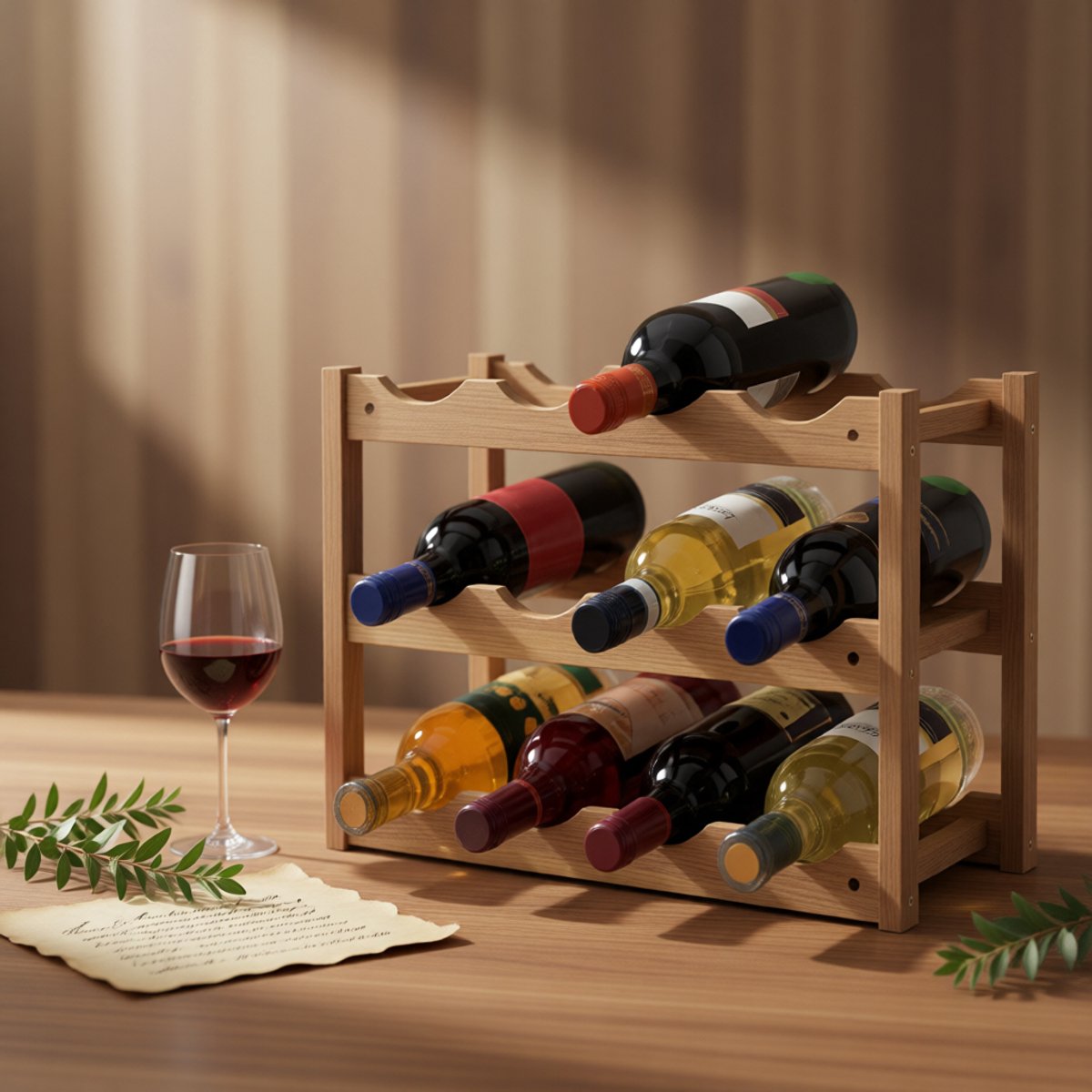 BILMU Wijnrek voor 12 flessen - Houten Flessenrek met 3 Niveaus - Naturel Walnoothout - 42 x 21 x 28 cm