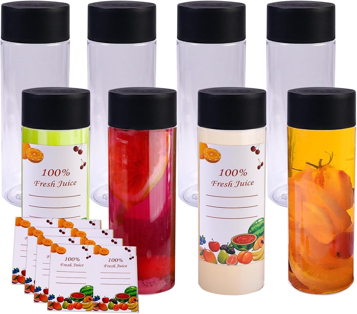 Flessen van kunststof, heldere lege sapflessen, vullen met luchtdicht deksel, herbruikbare lege smoothiefles, met 8 etiketten, bewaren van sap, melk, smoothies