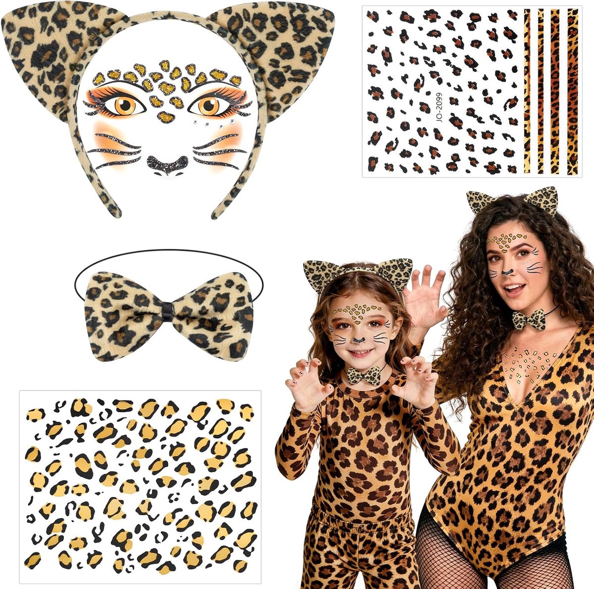 Luipaardkostuumset, 5 Stuks Luipaardkostuum voor Dames met Luipaardoren Hoofdband, Vlinderdas, Glitter Tijdelijke Tatoeages En Nagelsticker voor Carnaval Halloween Cosplay Feestdecoratie
