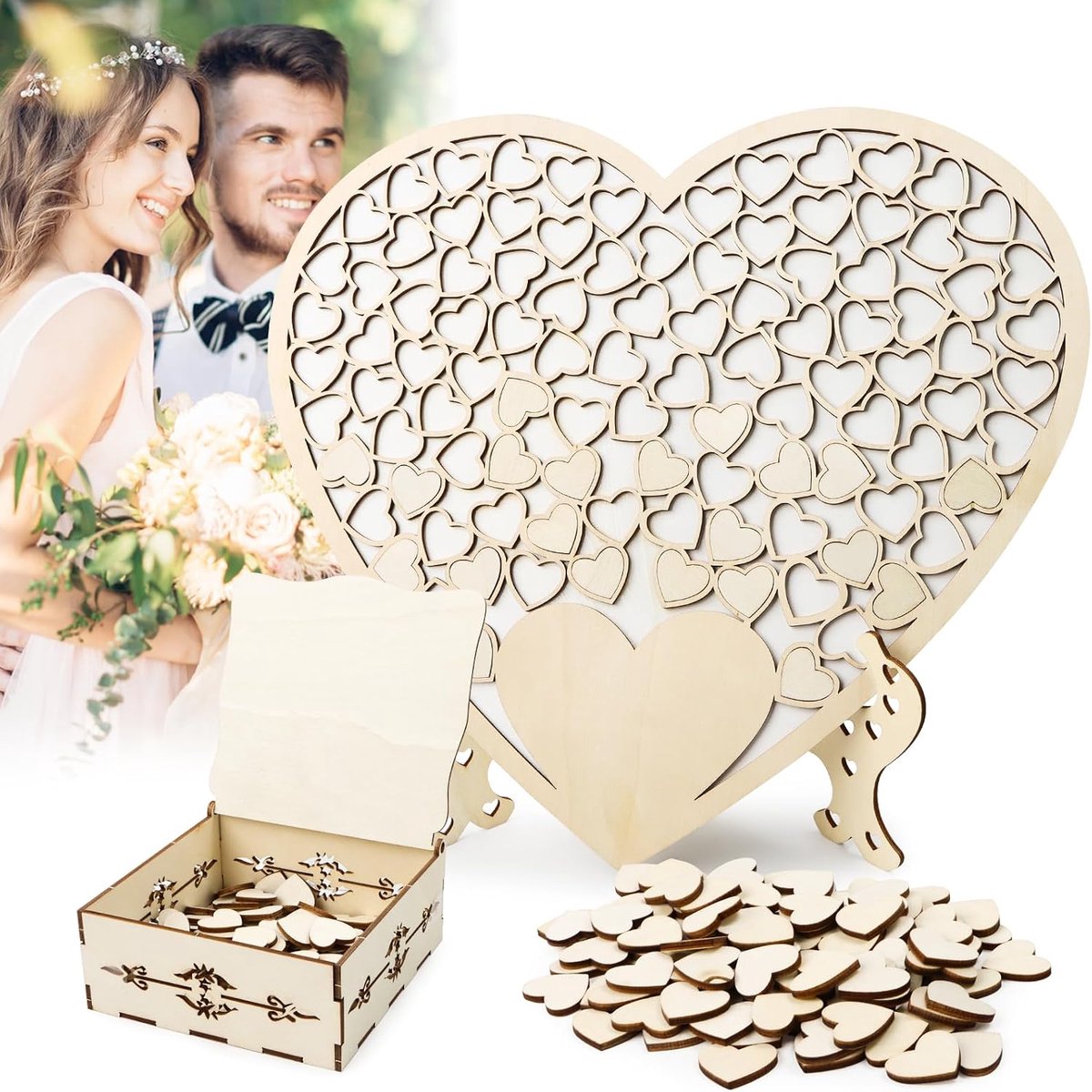 Gastenboek voor bruiloft, gepersonaliseerd van hout, hartjes, alternatief met sokkel, opbergdoos en 100 houten hartjes, handtekeningkaarten, houten hartjes, bruiloftsdecoratie
