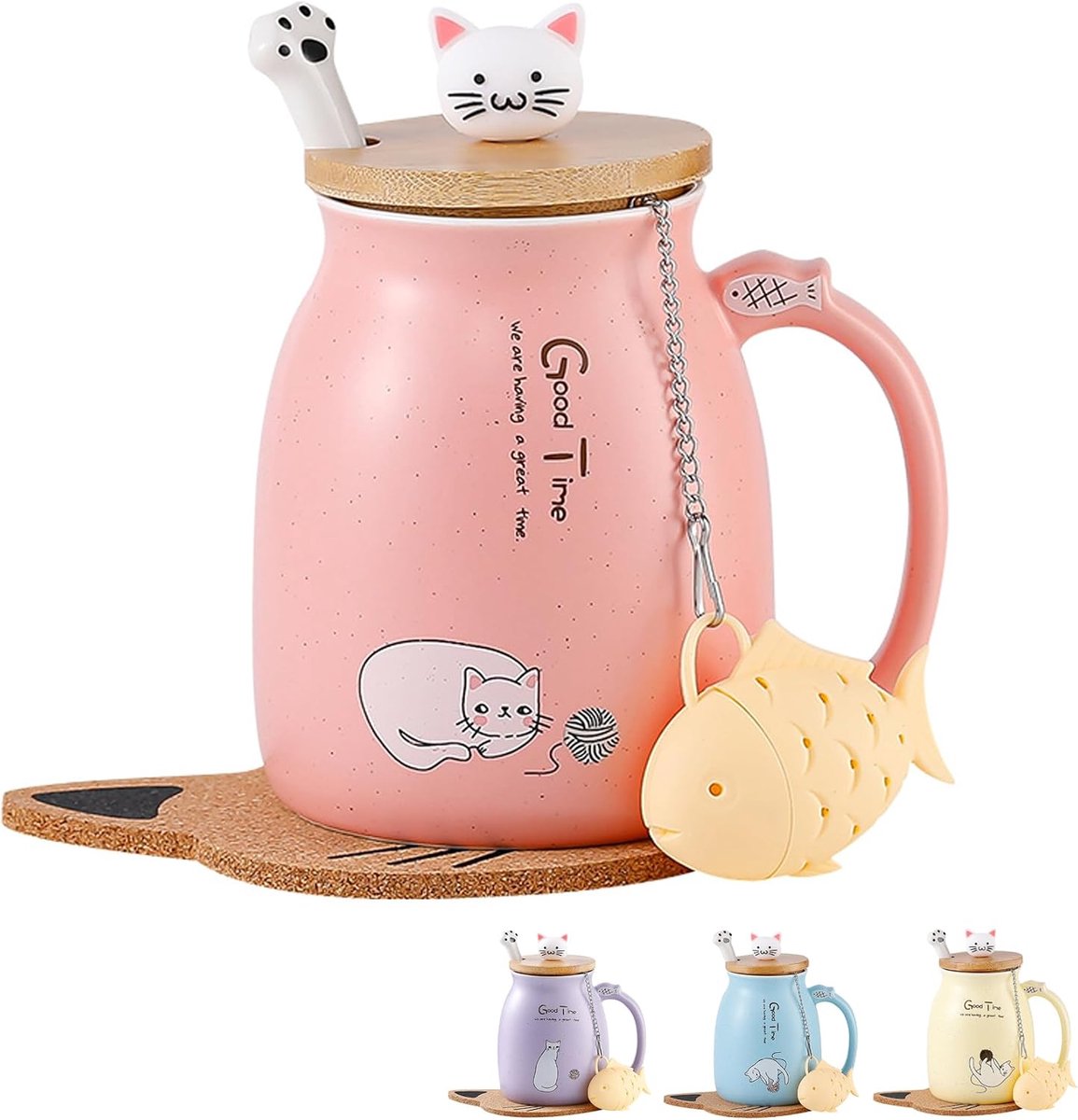 Mok Leuke Keramische Koffiekop met Mooie Kitty deksel Roestvrij Stalen Lepel, Nieuwigheid Ochtend Cup Thee Melk Kerst Mok Gift 380ML (Roze)