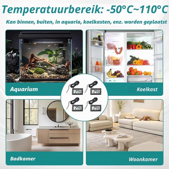 Thermometers met sensor, mini-koelkastthermometer, nauwkeurige temperatuurbewaking met externe sonde, ideaal voor koelkasten, vriezers en aquaria, temperatuurbereik -50 tot +110 °C — afbeelding 2