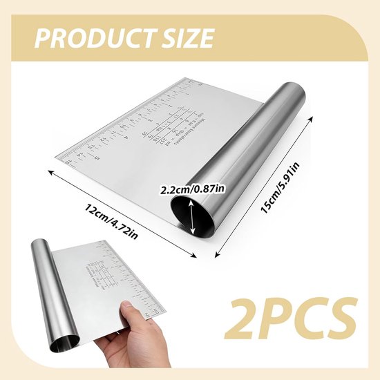 2 stuks groenteschep, roestvrij staal, deegsnijder, deegkaart, deegschraper, roestvrij staal, met meetschaal, groenteschep, bakken, keuken, gadgets voor groenten, brood, pizza, cake, cake, koekjes — afbeelding 2
