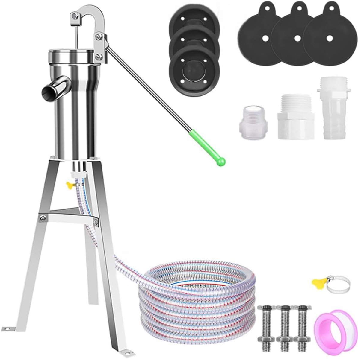 Complete set, waterhandpomp met hendel, tuin, bevat een 58 cm hoge standaard en een 5 meter lange slang en voor huis, tuin, boerderij