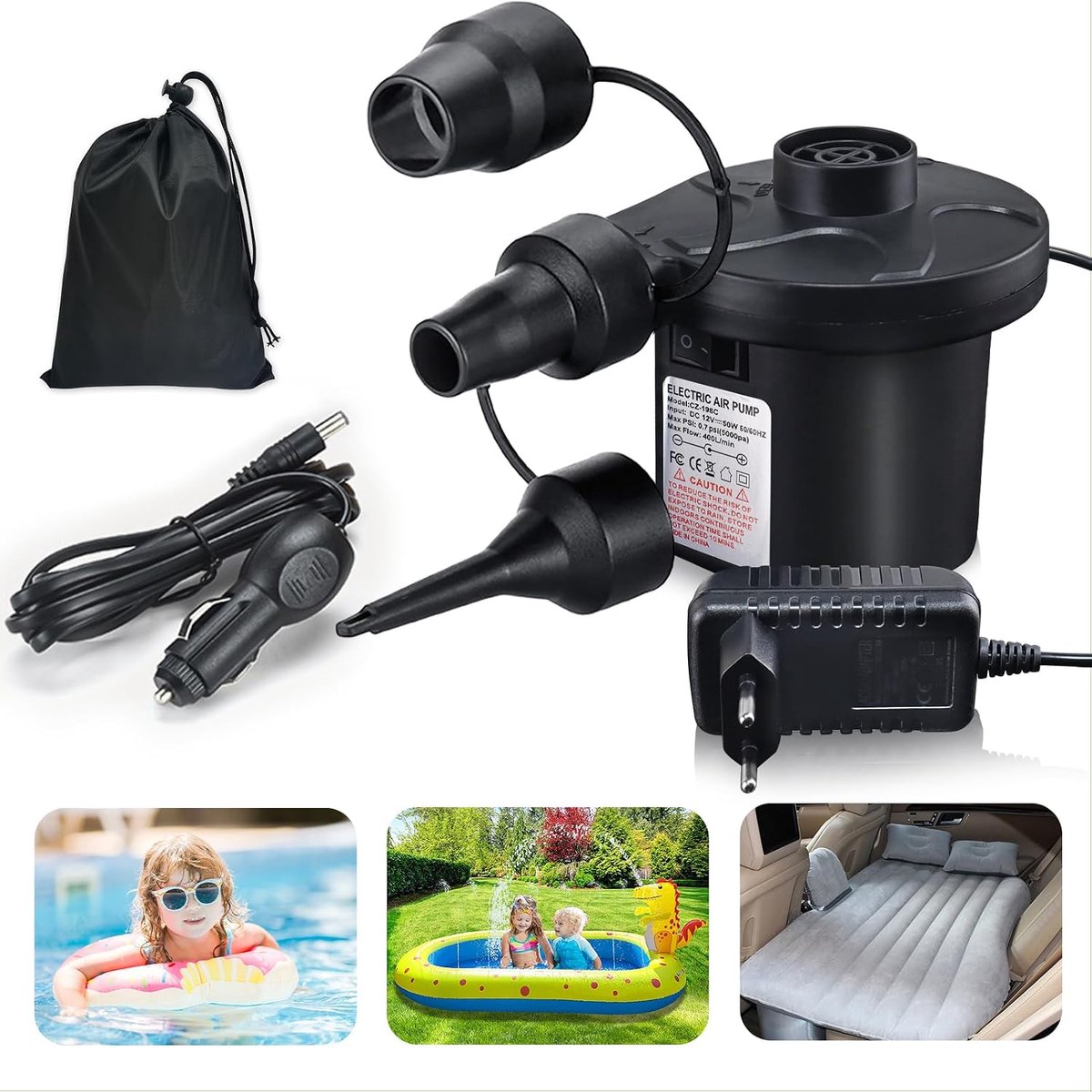 Elektrische luchtpomp, luchtpomp voor luchtmatras, 2-in-1, elektrische pomp, opblaasbaar en leeglopen, draagbare luchtpomp, elektrisch voor matras, zwembad, luchtmatras, boot zwemring