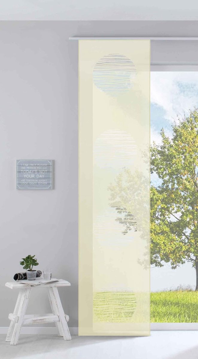 Hedendaagse paneelgordijn ruimteverdeler schuifgordijn "cirkel" HxB 245x60 cm crème van hoogwaardige stof met paneelwagen verzwaringsstang, 85612
