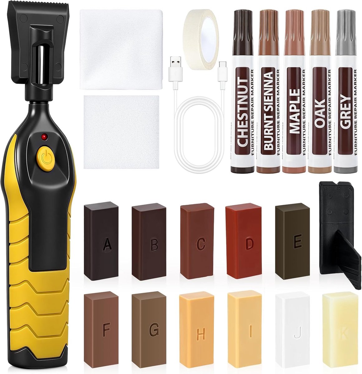 Reparatieset met Verwarmingspen, 11 Kleuren Hout Vinyl Meubelreparatieset Linoleum Vloer Hardhouten Vloer Wax Bijwerkstift voor Krassen, Vlekken, Gaten, Barsten, Kast, Tafel, Deur