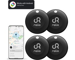 Ralio Bluetooth Tracker voor Android – GPS tracker Compatibel met Google Find Hub - Geen abonnement - 4 Pack – verwisselbare batterij – Met geluid – Sleutels, Fiets, Auto – Key Finder - Zwart