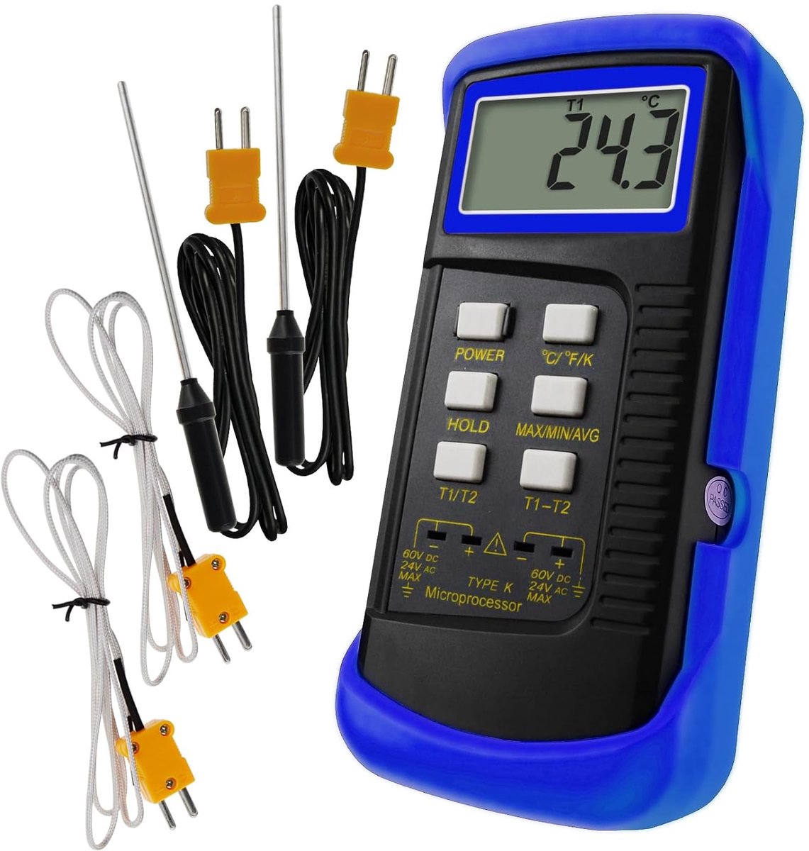 Digitale 2-kanaals K-type thermometer met 4 thermokoppels (bedraad en roestvrij staal), -50~1300 ° C (-58~2372 ° F) Handheld desktop Hoge temperatuur Kelvin-schaal Dubbele meetmetersensor
