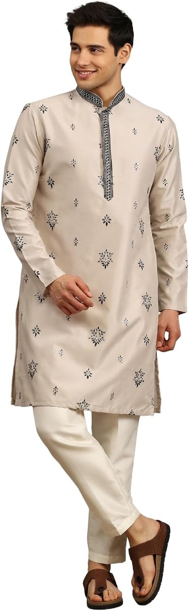 Machine Embroidered Kurta Pajama Set | Skin Beige | Regular Fit | Festive & Wedding Ethnic Wear
