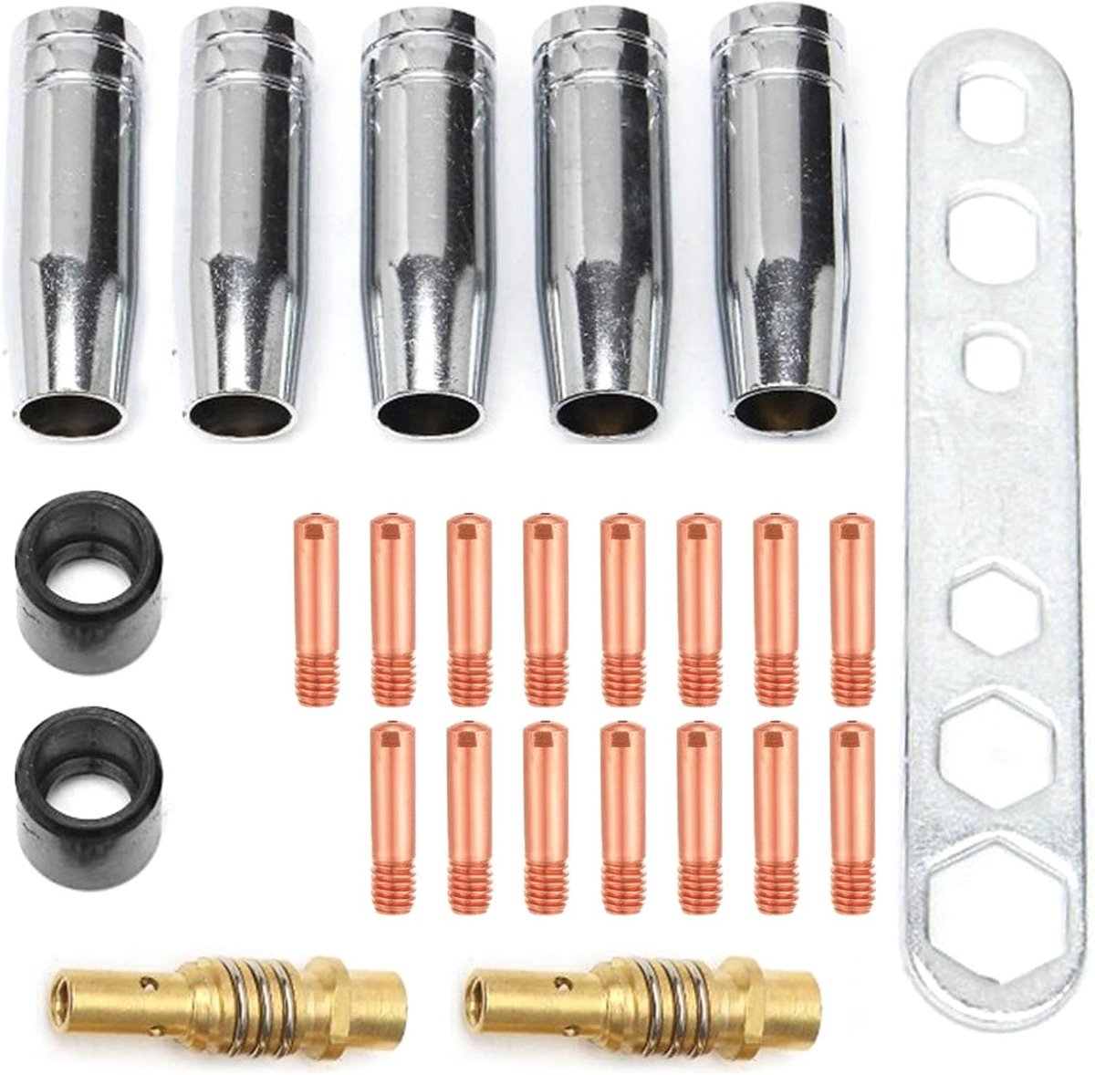 Reserveonderdelen, beschermingsgaslasapparaat accessoires voor AK-15/MB-15, 5 x gasmondstukken, 15 x lassproeiers M6 0,8 mm, 2 x mondstuk, 2 x isolatoren, 1 x moersleutel