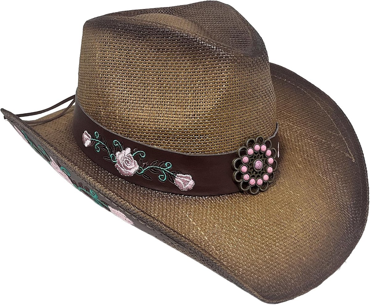 Cowboy/cowgirl strohoed van sterke panama-hoed, Texas-hoed, geborduurd, gebloemd, uniseks, eenheidsmaat voor heren en dames, Bruine bloem., 60 cm