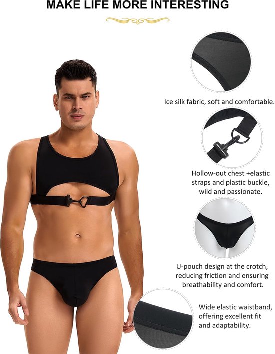 Lingerie set ijszijde Sissy Gay ondergoed mannen tanktop bovendeel met elastische band slip tanga ademend comfortabel sexy sexy lingerie zwart grote maten S-XL — afbeelding 3