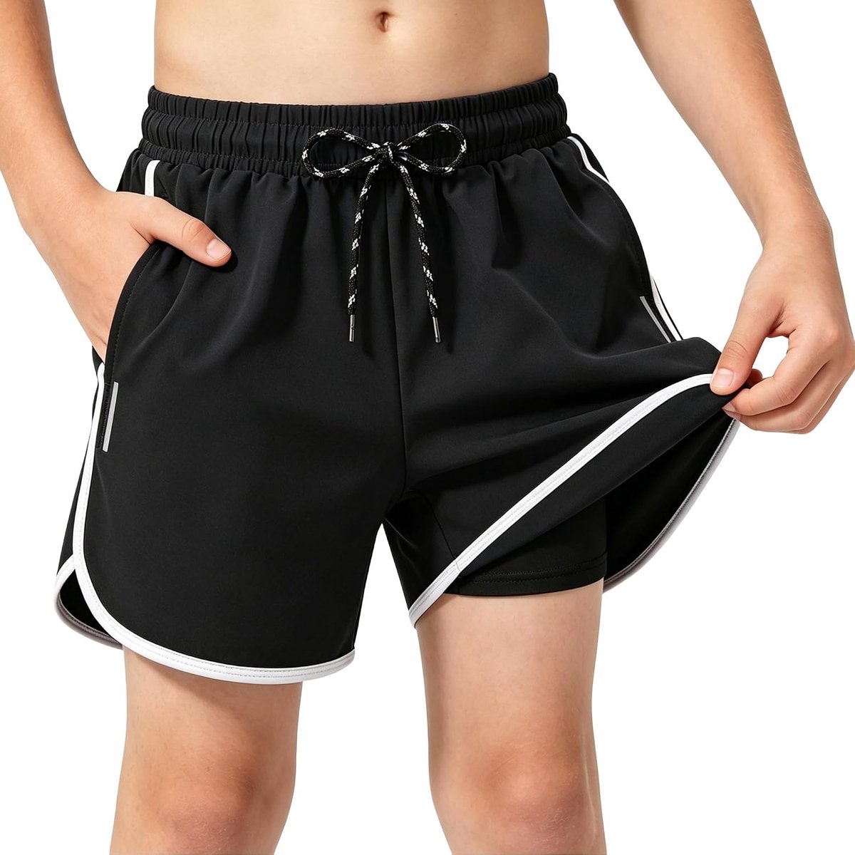Jongens Korte Zwemshort met Vetersluiting Zwemshort Gevoerde Zakken Meisjeszwembroek Reflecterende Strepen Zwemkleding Strand Zwembad Surfen Zwemkleding voor Tieners 7-16 jaar