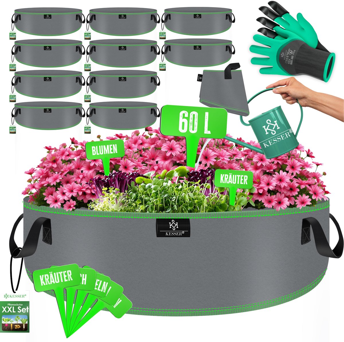 KESSER® Plantenzak van vliesstof - Met venster, handvatten en naamkaartjes - 60 liter 10-delig - Grijs