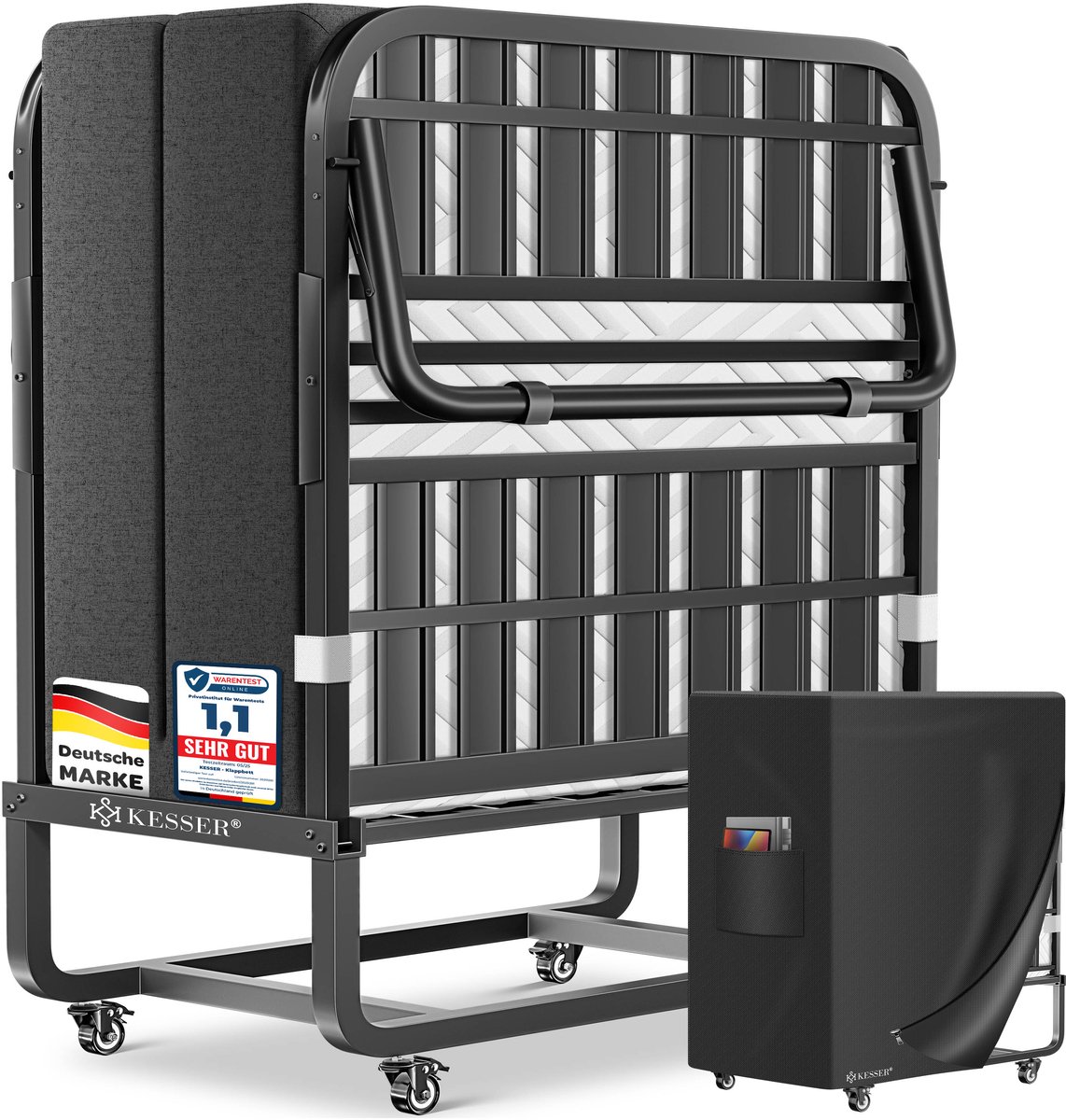 KESSER® Opklapbed 200 x 90 cm - Logeerbed met traagschuimmatras - Tot 250 kg - Antraciet/Wit Premium Komfort