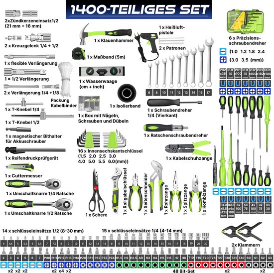 Illustratie van een 1400-delige gereedschapsset met sleutels, schroevendraaiers, tangen, een hamer en meer.