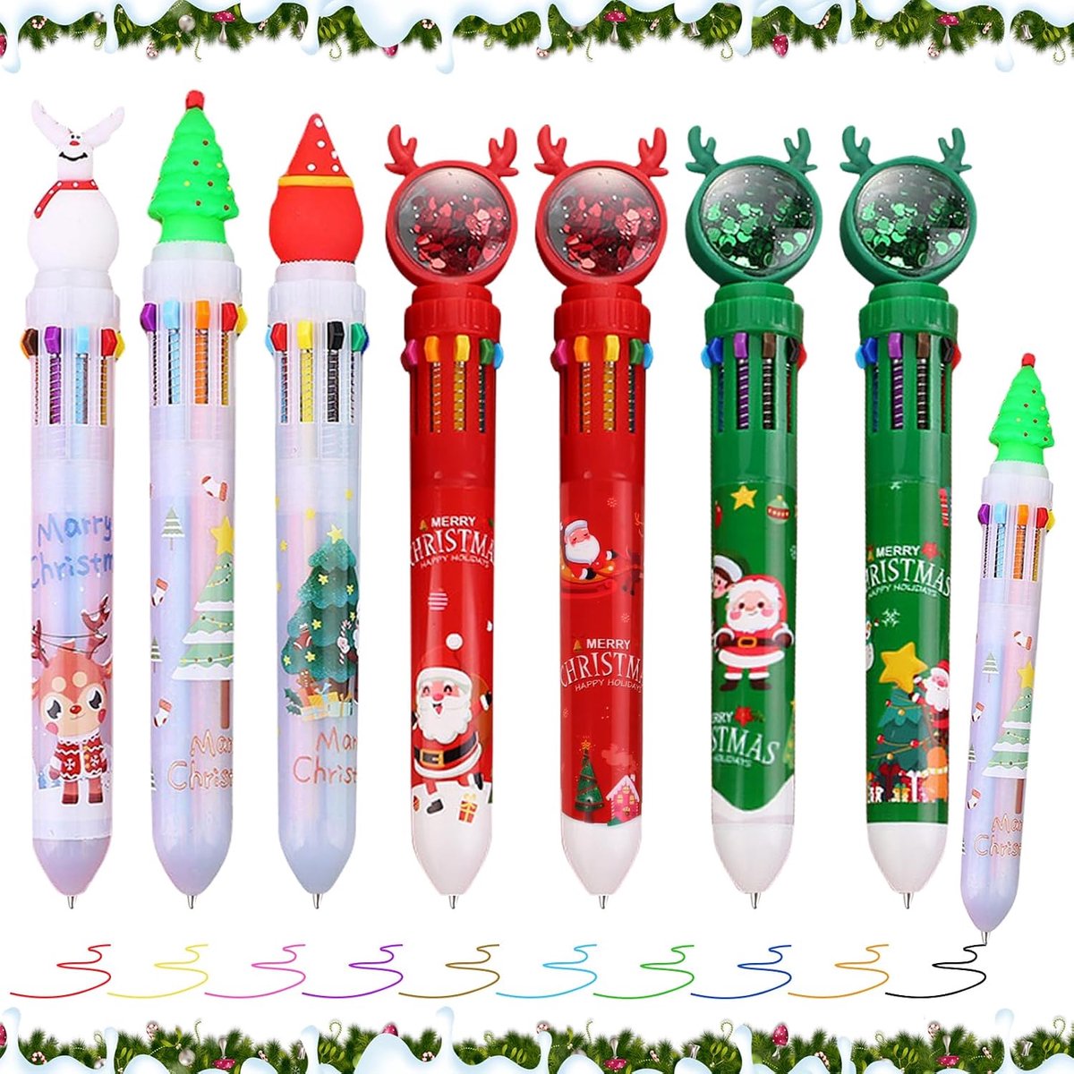 7 stuks kerstbalpen, 10-in-1 veelkleurige intrekbare shuttle pen, kerstbalpen, kerstboom, sneeuwpop, kerstman, rollerbalpen
