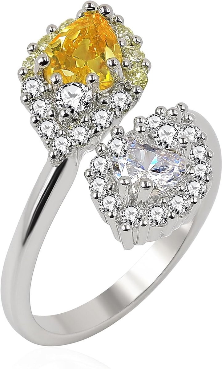 Open Hart Ring, CZ Geel & Wit, Verstelbare Jubileum Belofte Band Geschenk Y5321