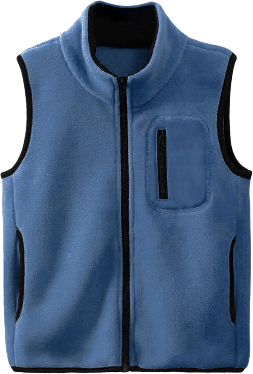 Fleecevest voor kinderen met opstaande kraag, mouwloos jack, fleecevest met ritssluiting, effen, voor ouder-kinderen, lichte bovenstukken, blauw, 170, D1102 blauw, 158-164
