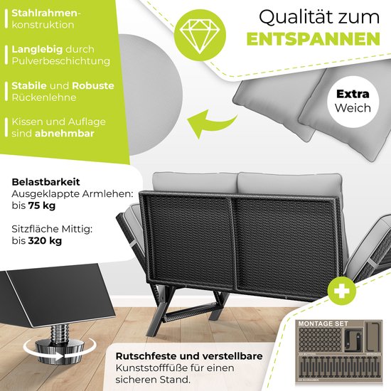 Grijze polyrotan tuinbank met stalen frame, verstelbare poten, afneembare kussens.