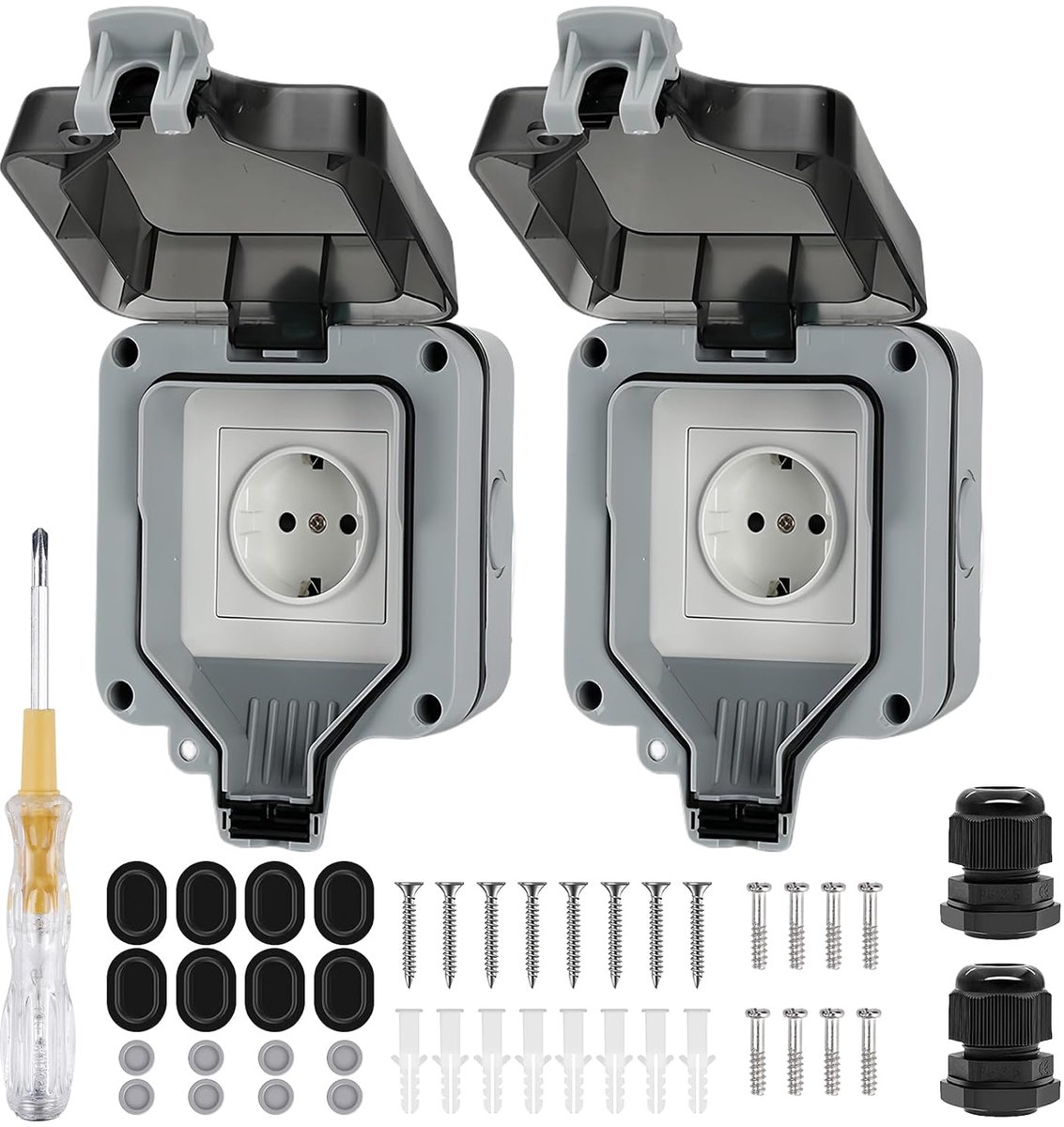 2 stuks, waterdicht, IP66, met scharnierdeksel en indicatielampje, voor zwembad, tuin, keuken, garage, badkamer, 16 A