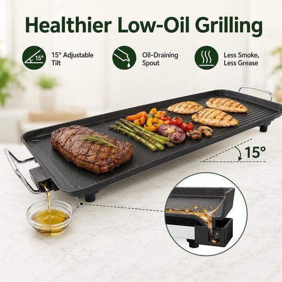 Elektrische tafelgrillplaat met antiaanbaklaag, extra groot grilloppervlak met olie-opvangtuit, elektrische grill voor 1-6 personen, voor outdoor, camping, achtertuin, 68 x 28 cm — afbeelding 4