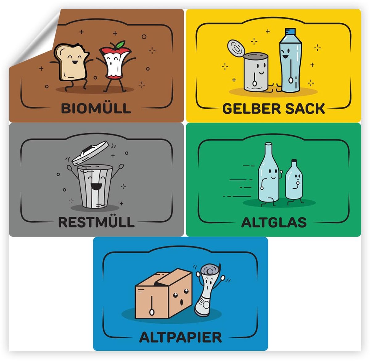 Sticker Stickers voor recycling zelfklevend voor het recyclen en scheiden van afval, Duitse zelfklevende afvalemmer - 5 etiketten van 8,5 x 5,5 cm.