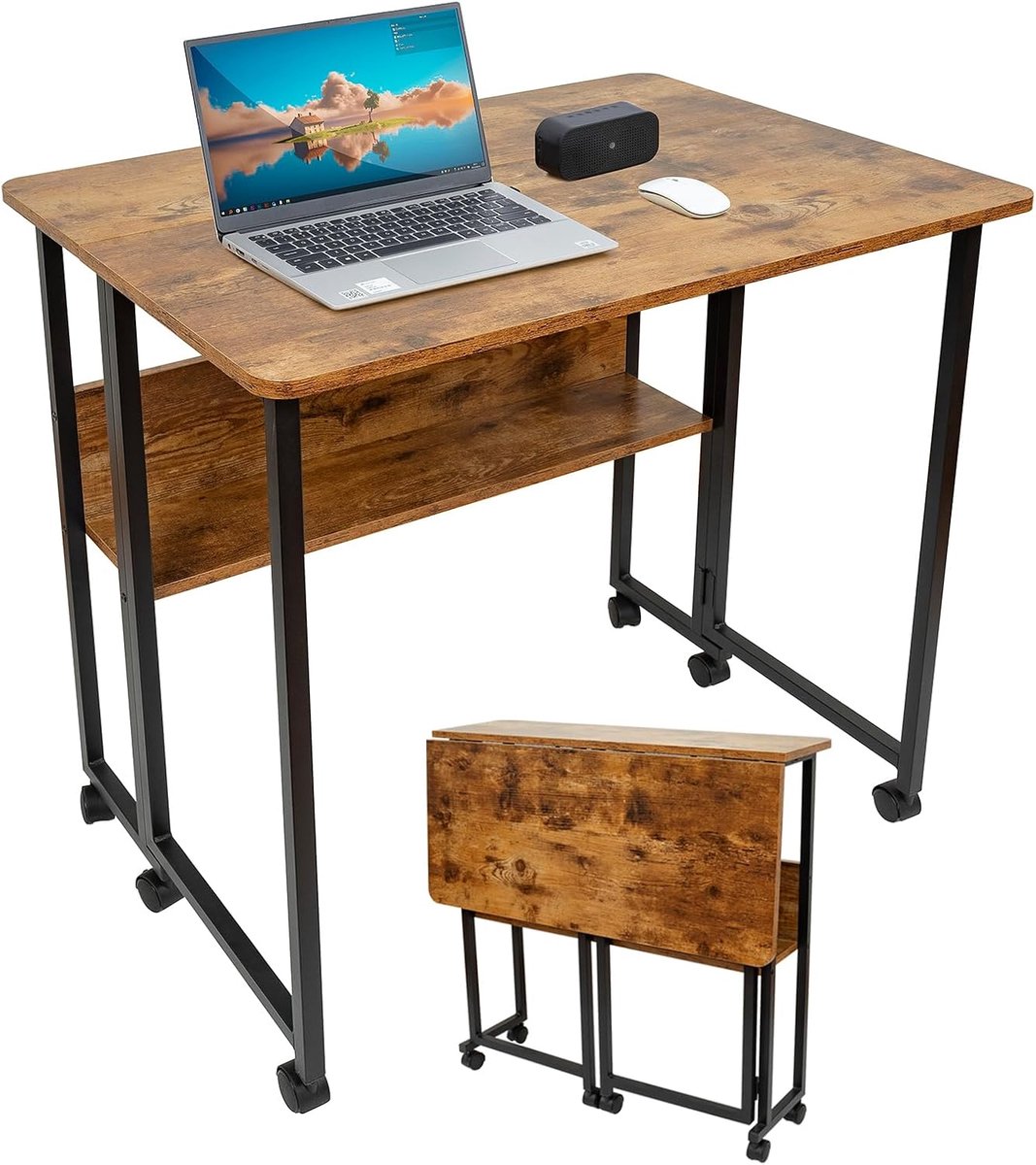 Bureau inklapbaar, klapbureau met wieltjes, kleine inklapbare computertafel met plank, bijzettafel, klaptafel voor thuiskantoor, industrieel design, donkerbruin, 80 x 58 x 75 cm