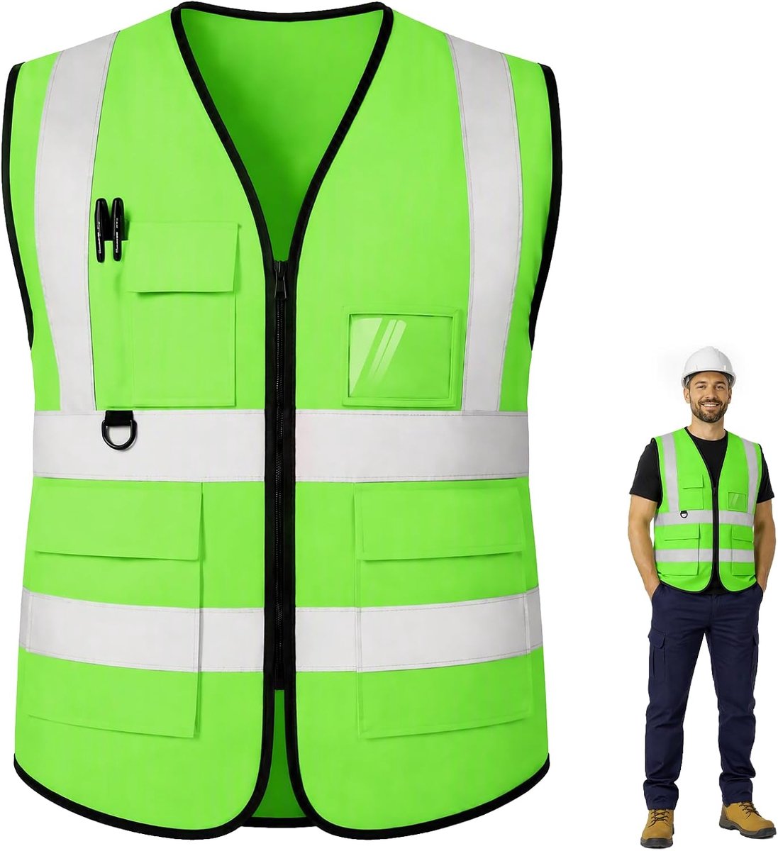 Veiligheidsvest met Rits en 5 Zakken,Lichtgewicht en Ademend voor Bouw, Fiets, Motor en Nachtlopen
