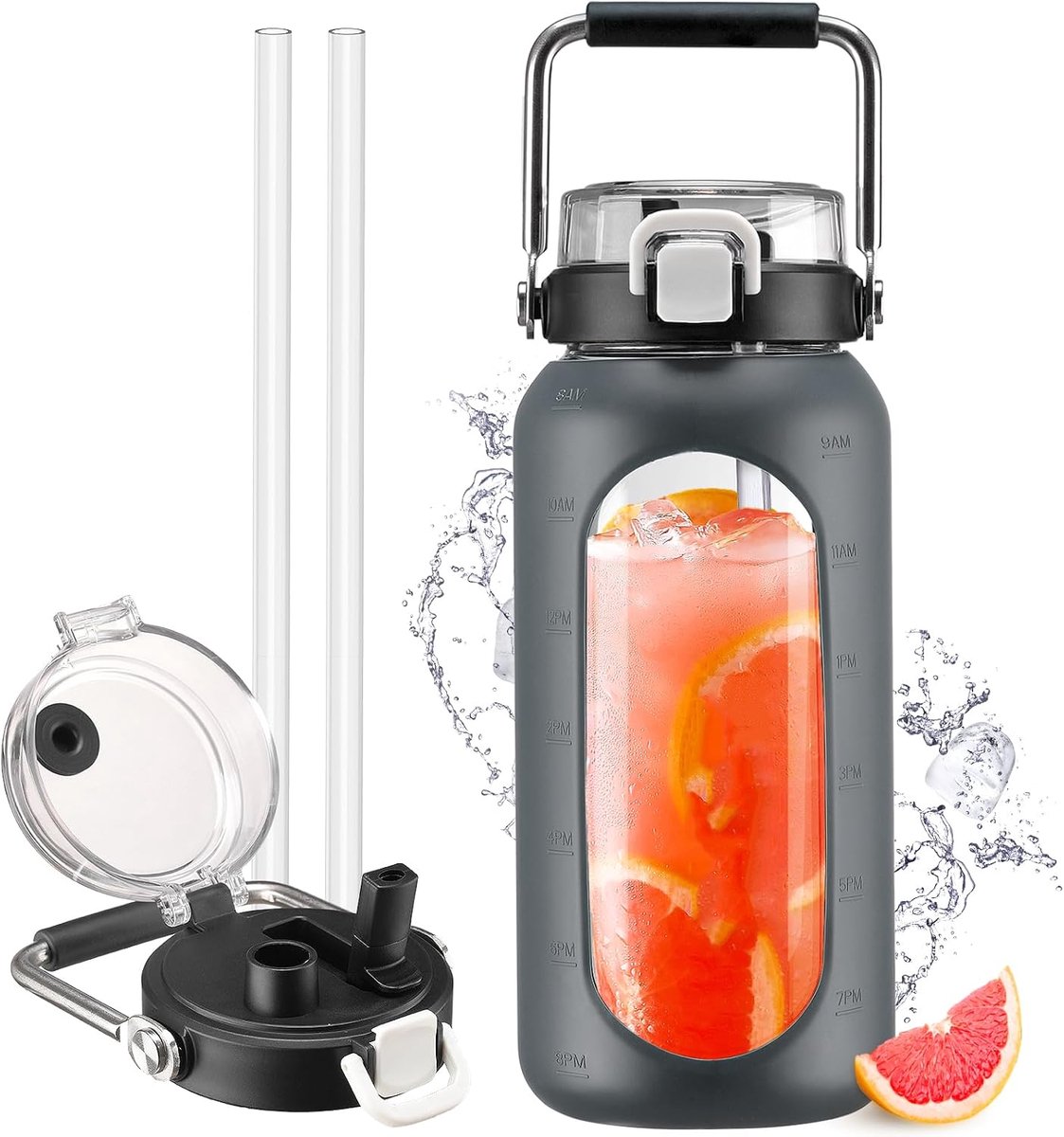 Waterfles van 2 liter met rietje en tijdmarkering, 2 l, motiverende waterfles met siliconen hoes en uitloopdeksel, brede opening, borosilicaatwaterkan BPA-vrij, lekvrij, grijs