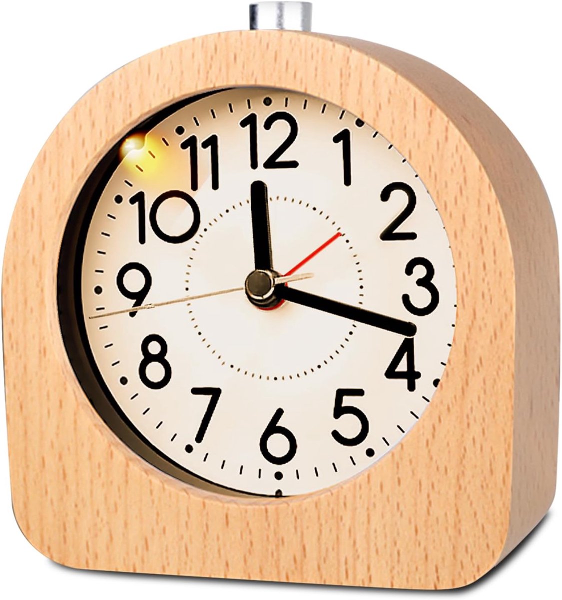 Analoge houten wekker met snooze, wekker, analoog zonder tikken, nachtkastje, tafelklok met nachtlampje, retro houten wekker zonder tikken, voor kantoor, slaapkamer, werkkamer, kinderkamer