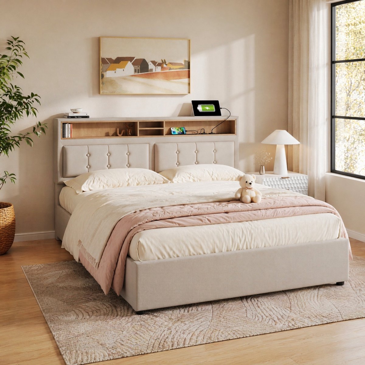WUVRIE Gestoffeerd opbergbed 140x200 cm met verstelbaar hoofdbord, USB-C en stopcontacten, beige