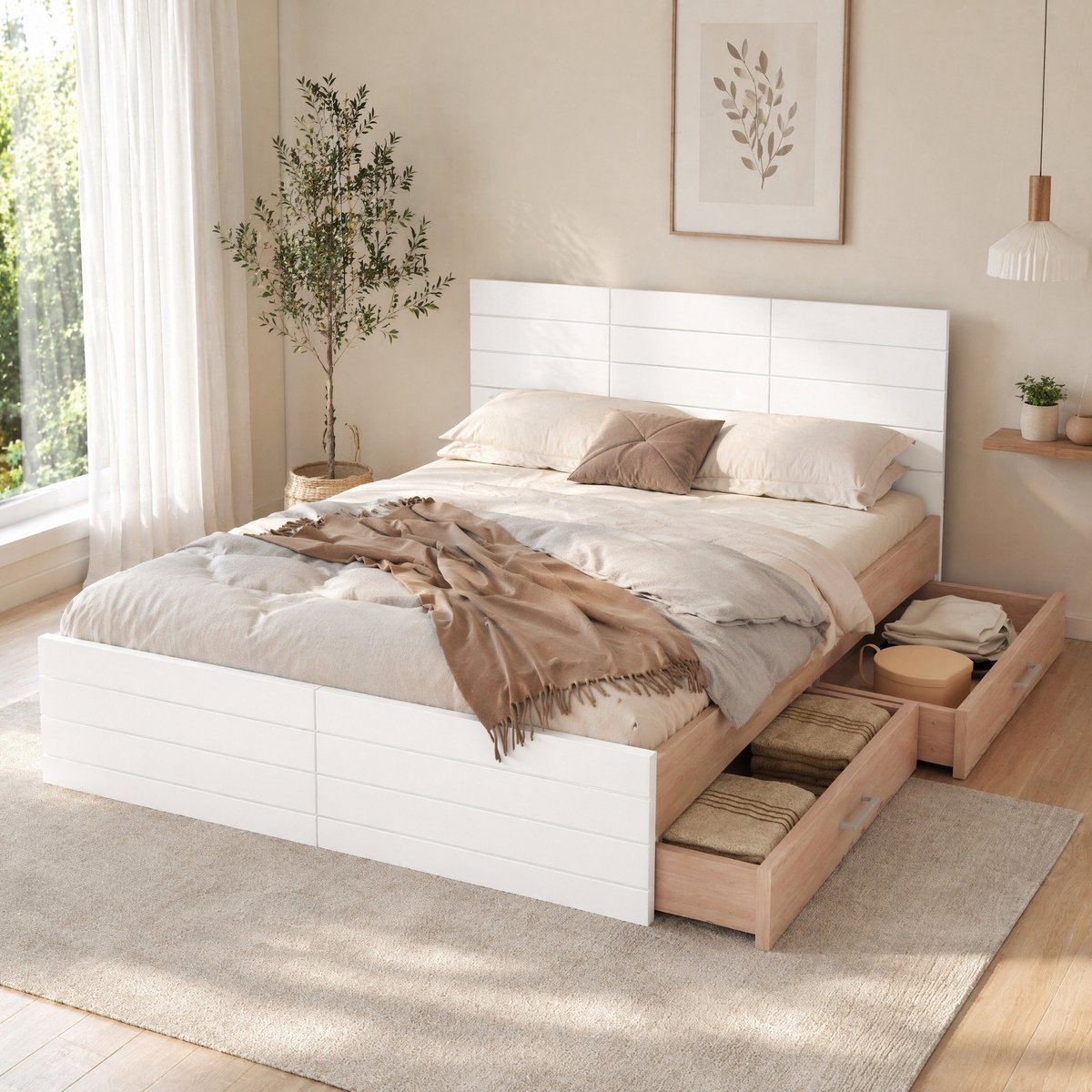 WUVRIE Tweepersoonsbed 160x200 cm met lattenbodem, 2 verplaatsbare lades en opbergruimte, wit/licht eiken Wit en licht eiken
